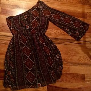 One shoulder purple and burnt orange dress